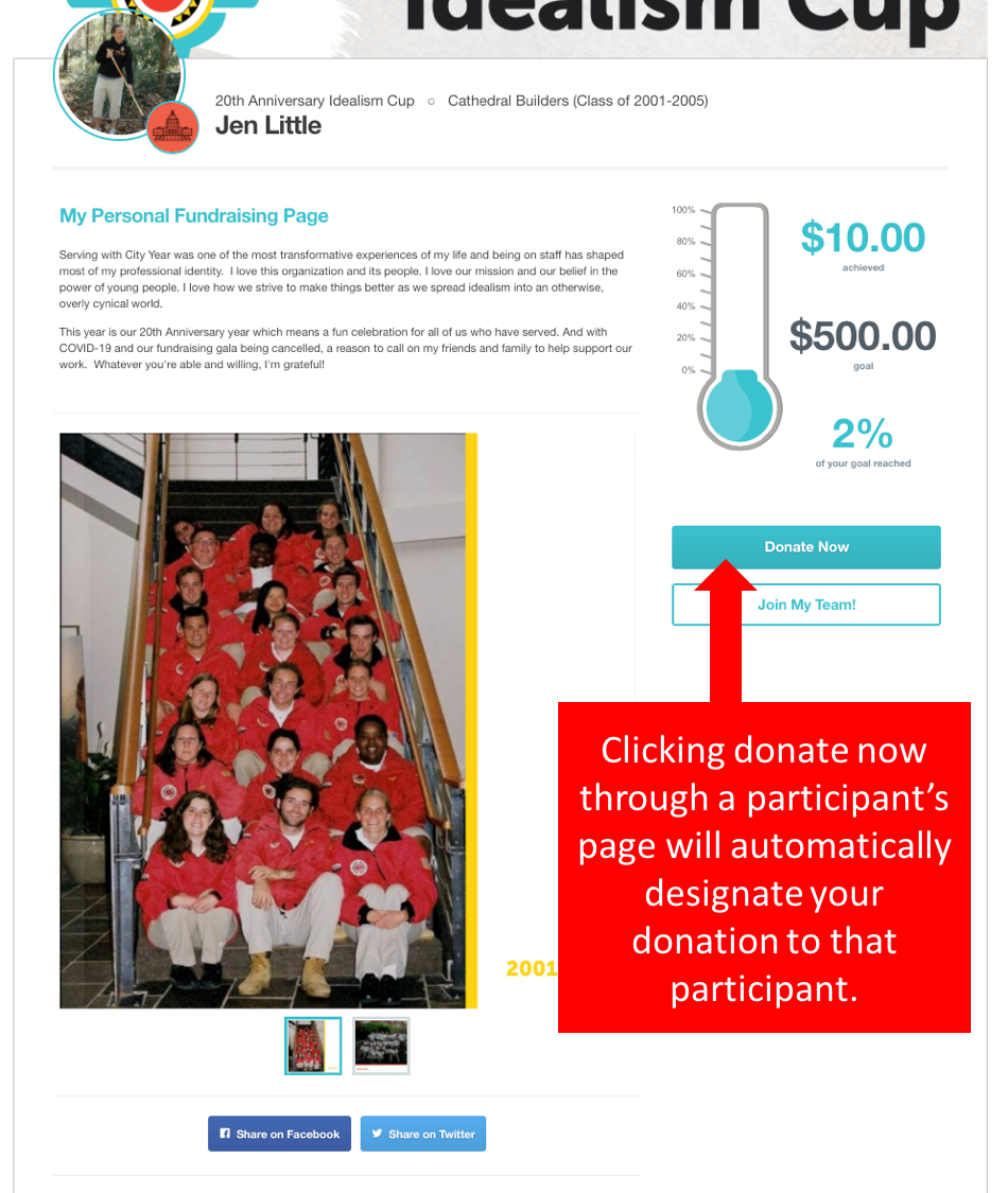 Option 2: Click donate now from a participant's page to automatically designate your gift.