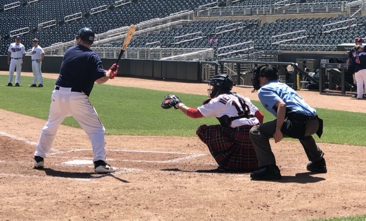 An “action” photo of Todd wearing his Kilt while catching at Target Field! #CatcherInAKilt