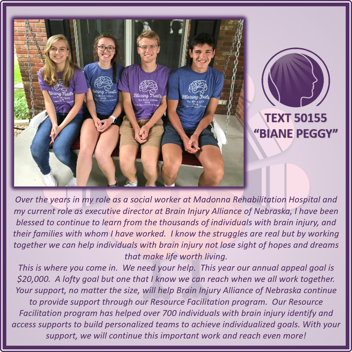 Text BIANE PEGGY to 50155