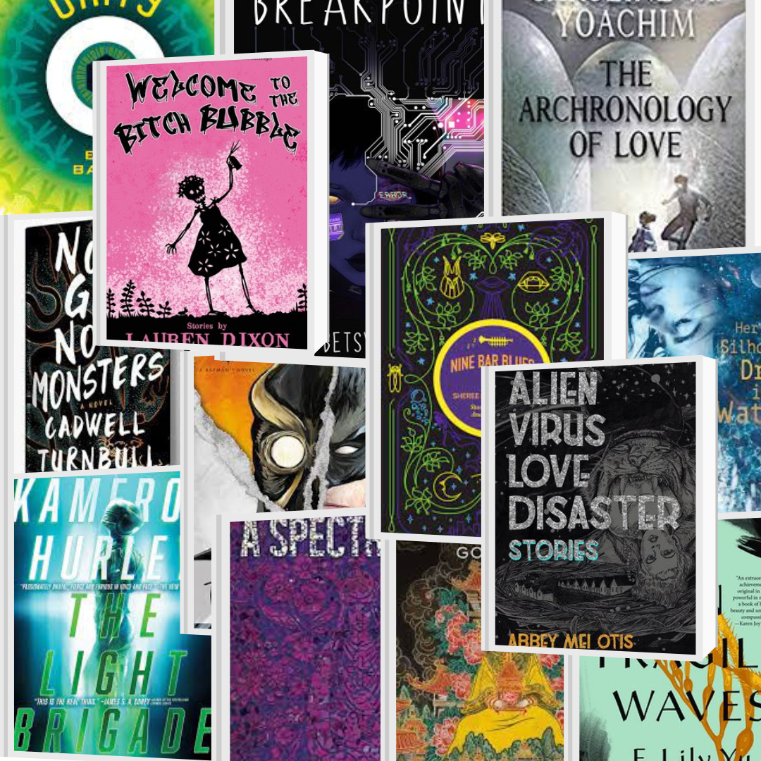 The covers of a few books by Clarion West Alumni