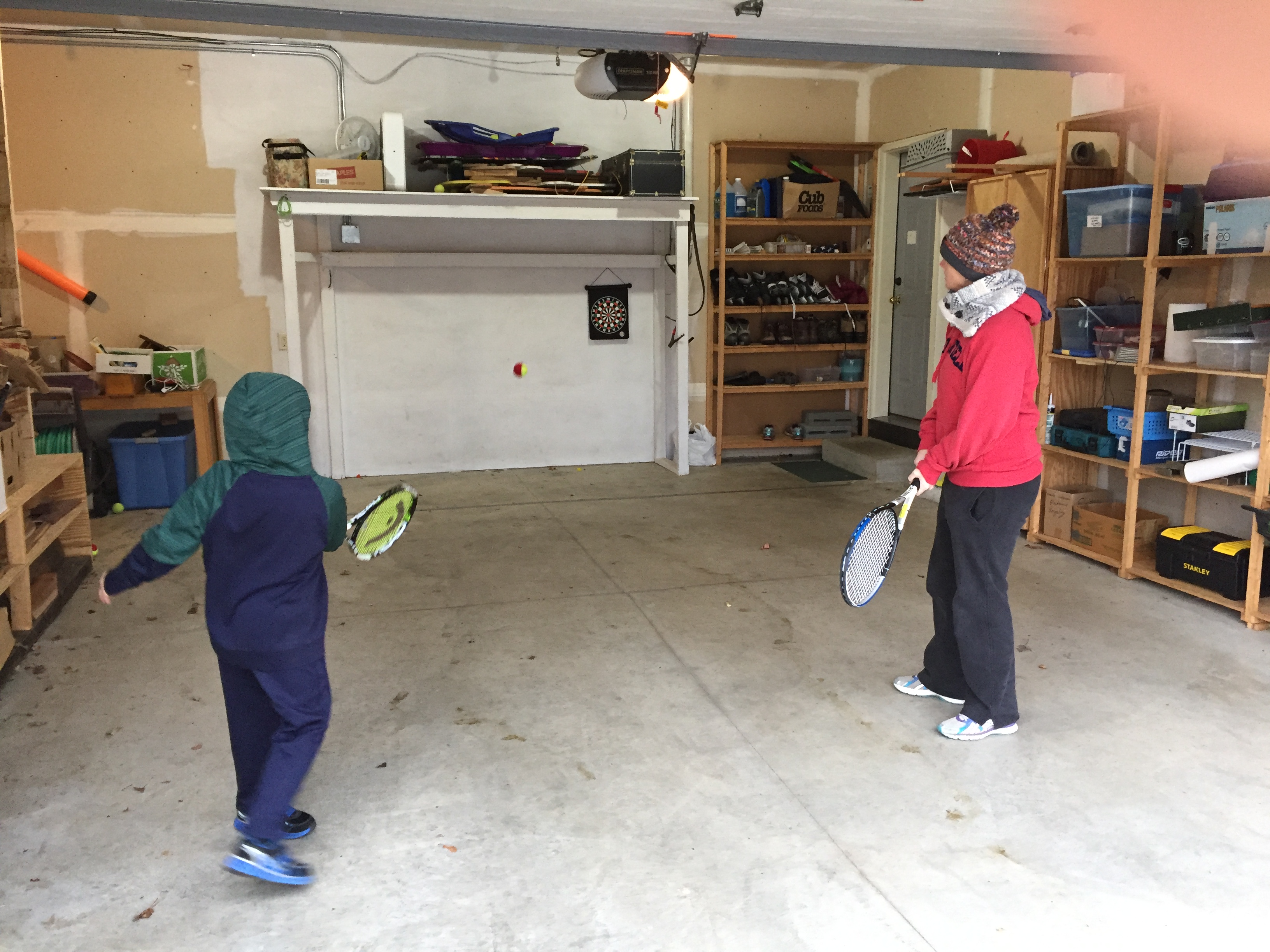 Tennis in the winter in Minnesota (the garage).