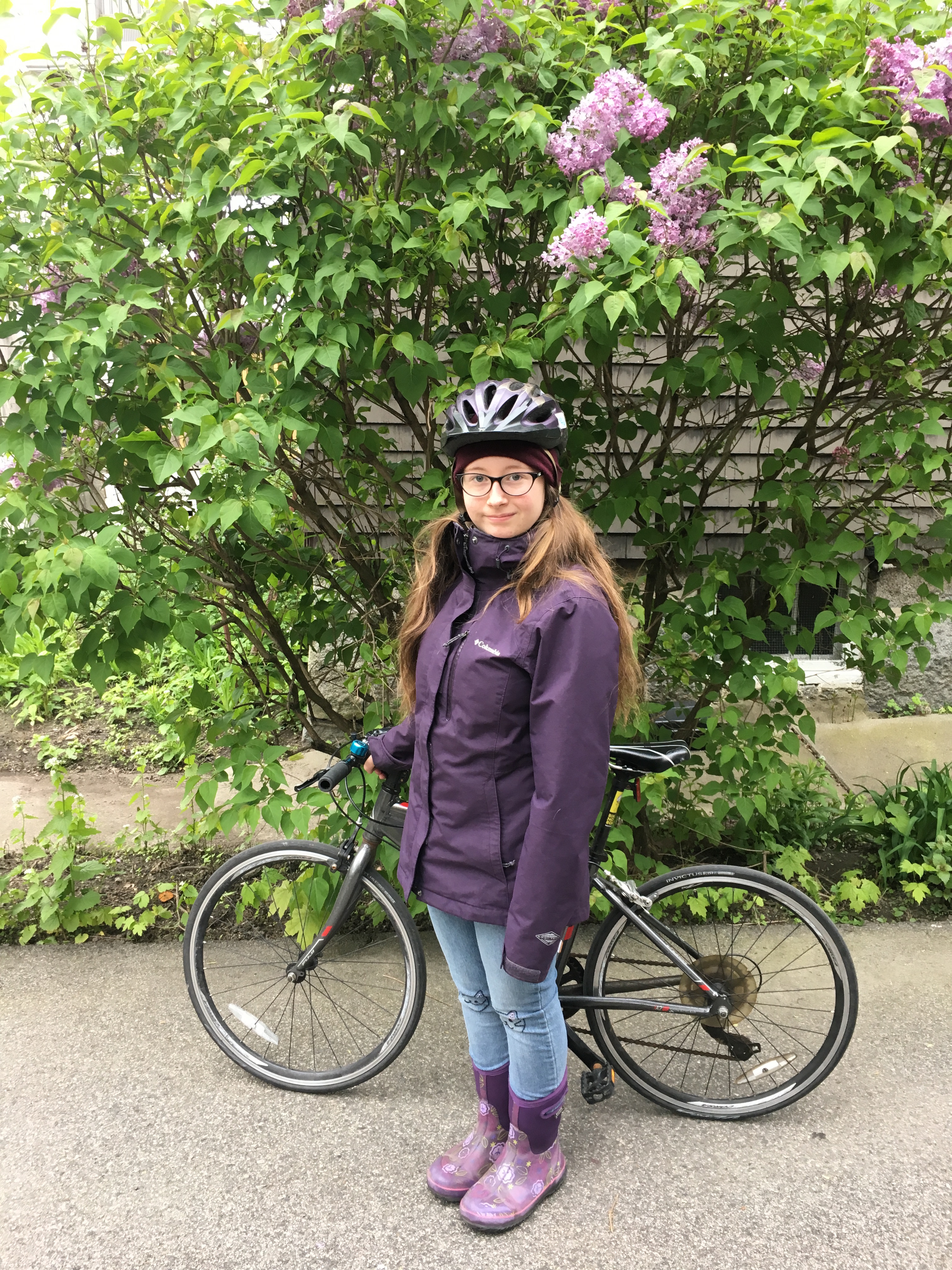 Lilacs in driveway, ready to bike to school