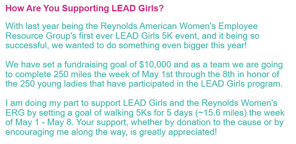 My goal is to walk 5Ks for 5 days in the 2021 Lead-A-Thon!