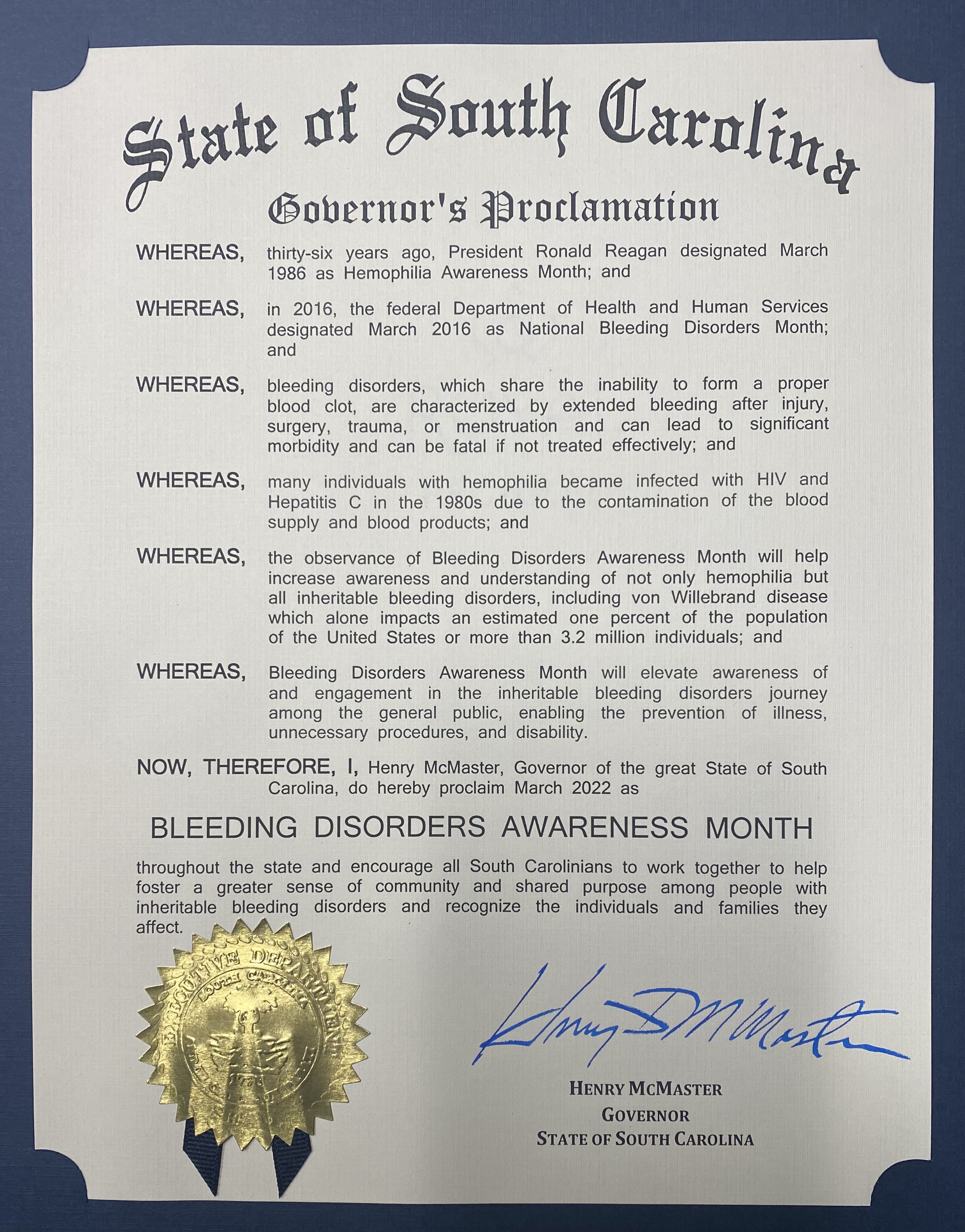Our 2022 State of South Carolina Bleeding Disorder Awareness Month Proclamation