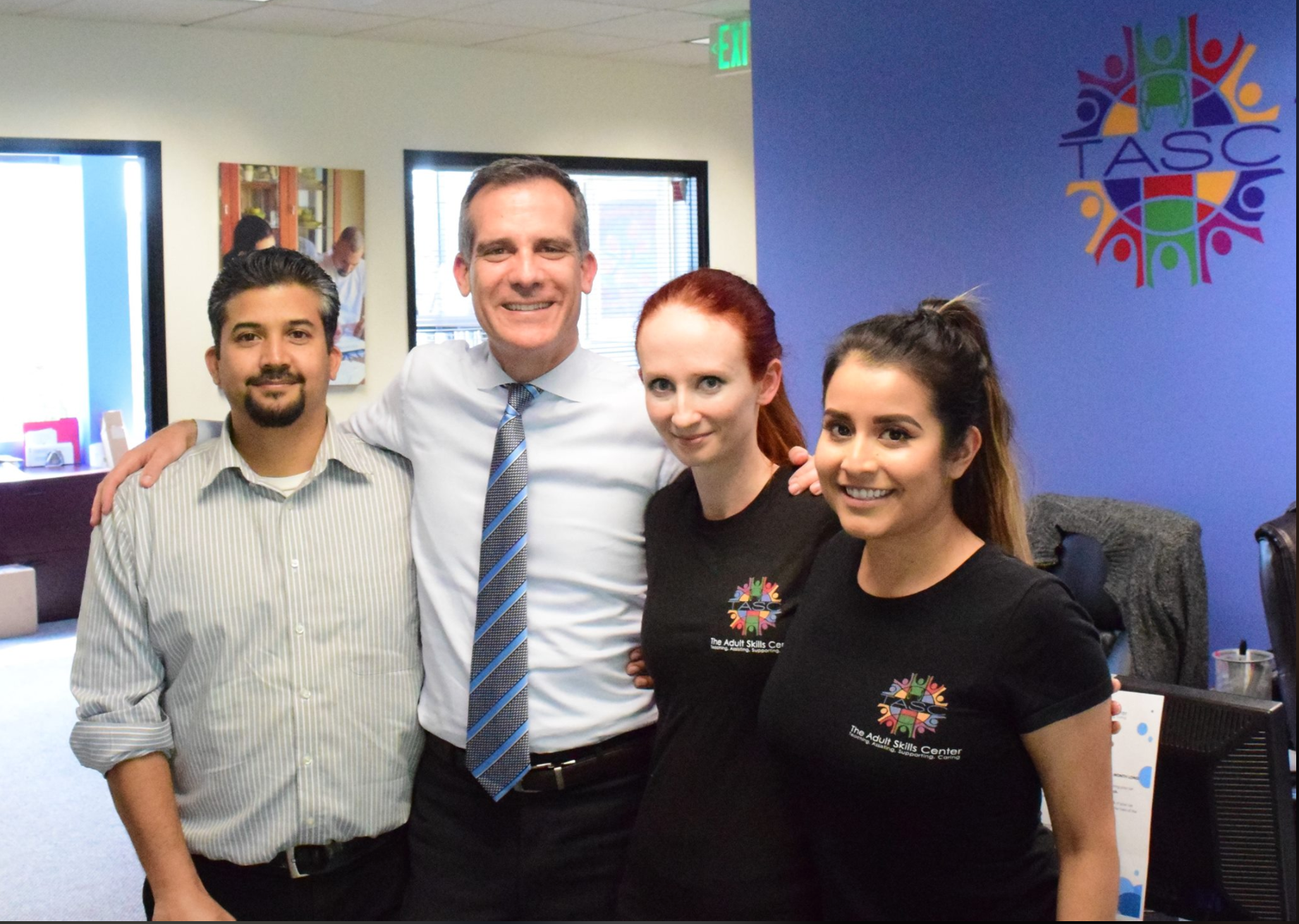 TASC's Deputy Executive Director Dennis Rutnam, Clinical Director Alona Yorkshire, and Operations Manager Tania Bartolo with Mayor Eric Garcetti