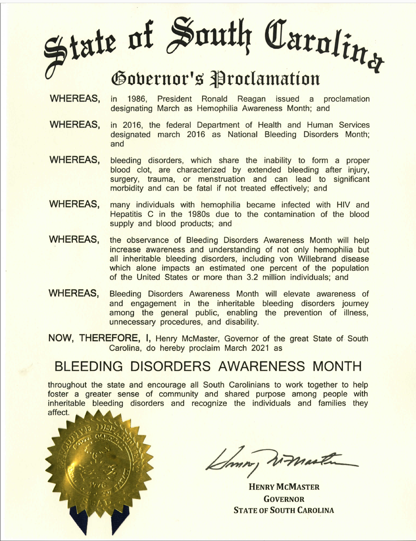 Our 2021 State of South Carolina Bleeding Disorder Awareness Month Proclamation